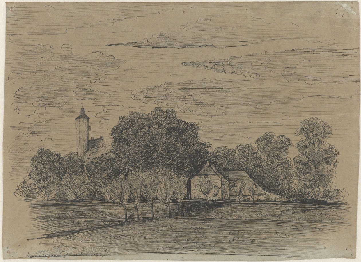 Krajobraz z farmą i wieżą autorstwa Johann Georg Schwartze (possibly)