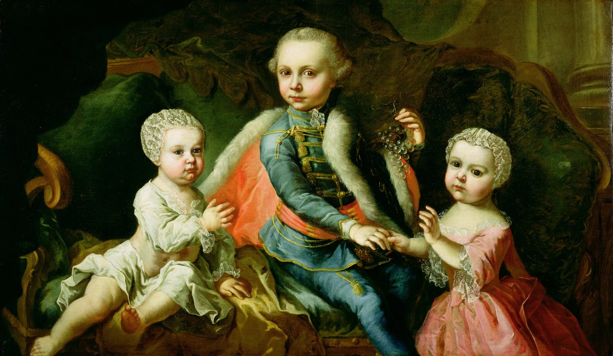 Troje dzieci siedzących na sofie, podobno członkowie rodziny Esterhazy, 1771 (olej na płótnie bez podszewki) autorstwa Johann Georg Weikert