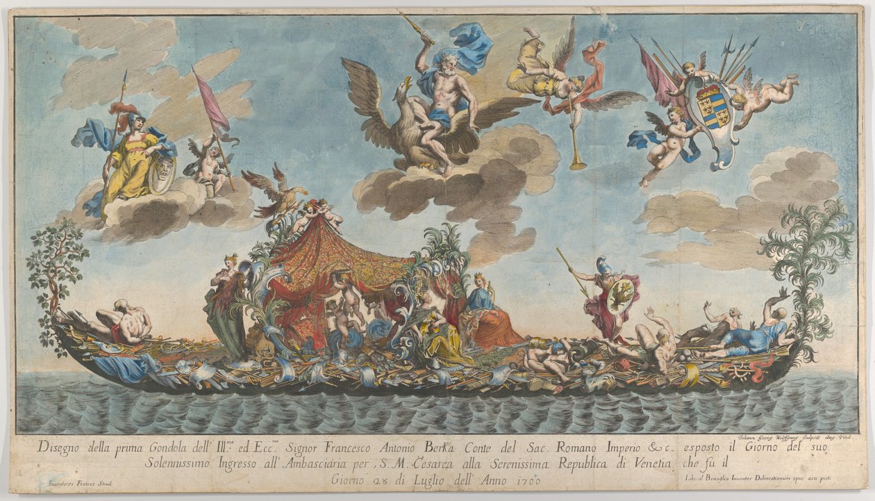 Bogato zdobiona pierwsza gondola Francesco Antonio Berka wjeżdżająca do Wenecji, Bogowie na kl..., 1700. autorstwa Johann Georg Wolfgang