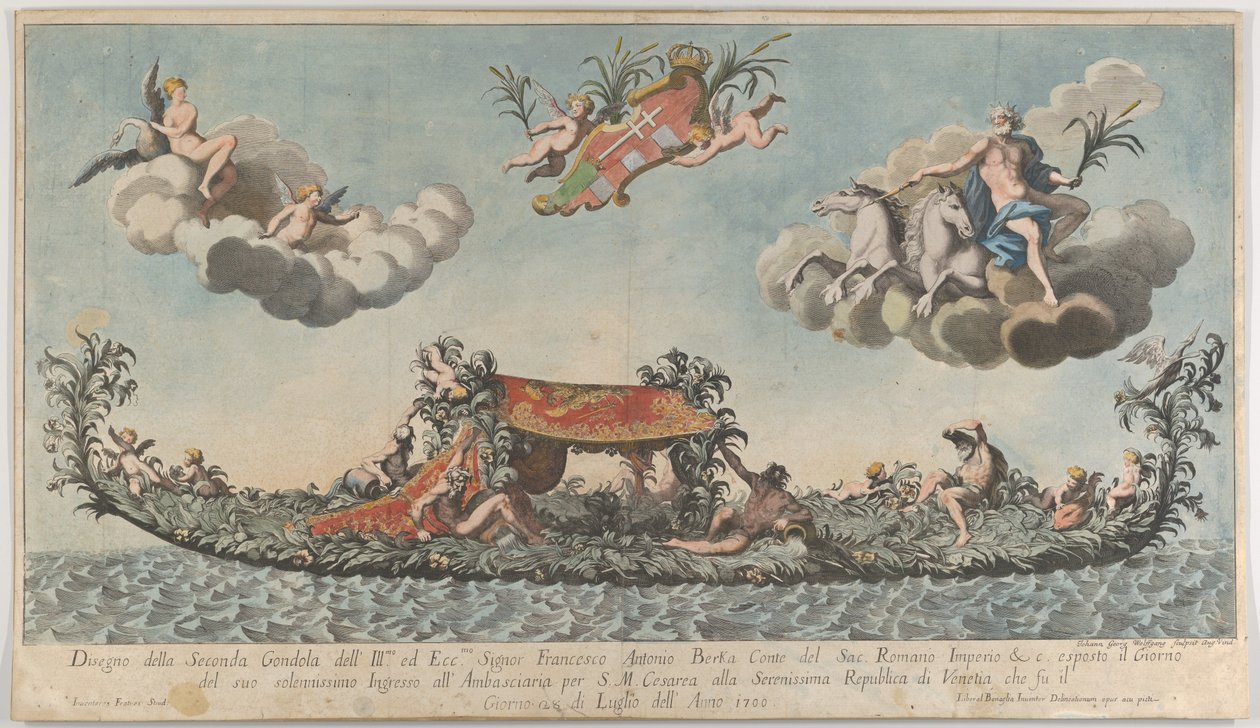Bogato zdobiona druga gondola Francesco Antonio Berka wjeżdżająca do Wenecji, Bogowie c..., 1700. autorstwa Johann Georg Wolfgang