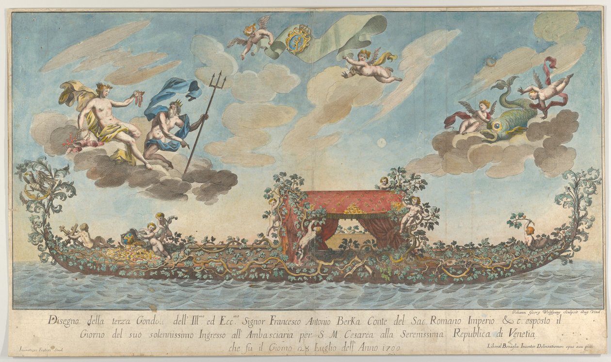 Bogato zdobiona trzecia gondola Francesco Antonio Berka wjeżdżająca do Wenecji, Bogowie na kl..., 1700. autorstwa Johann Georg Wolfgang