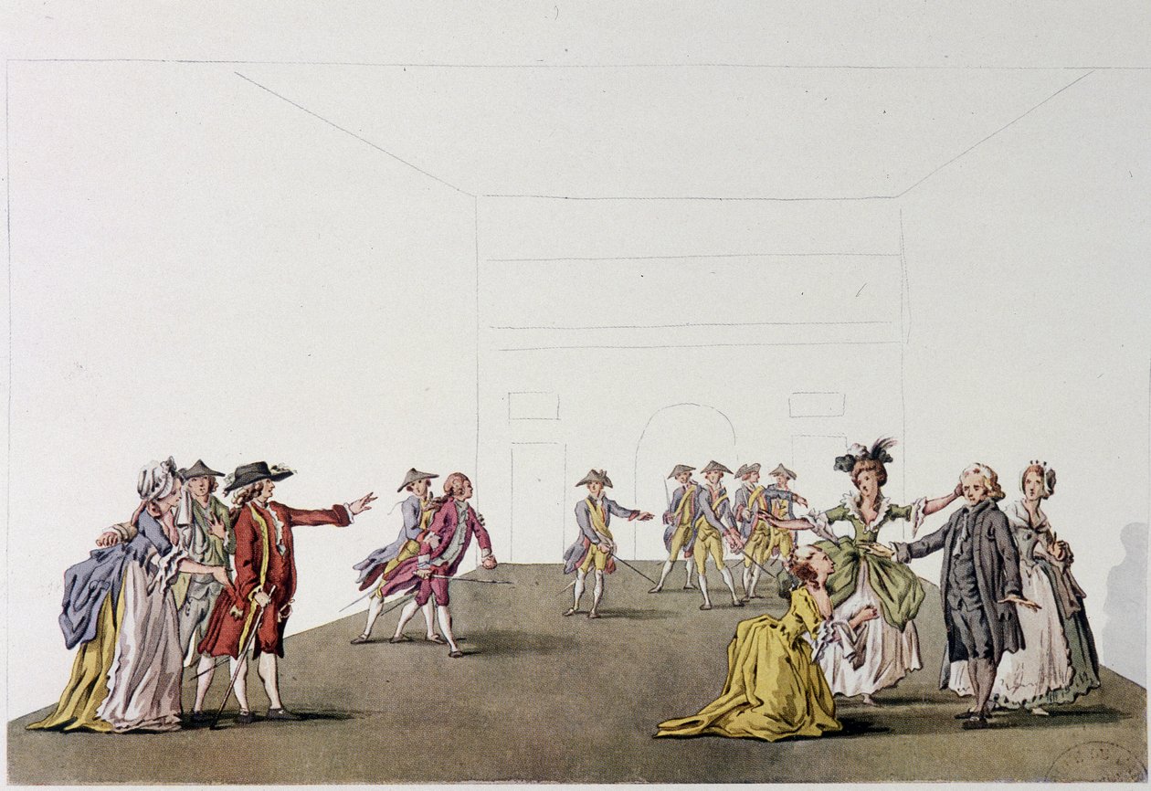 Ostatnia scena „Père de famille” Denisa Diderota - fac simile - grawerowanie według rysunku Ziesenisa Coutelliera w „Histoire generale illustrée du theatre” autorstwa Johann Georg Ziesenis