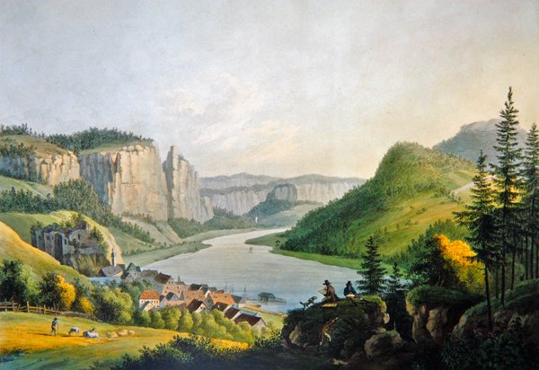 Widok Wehlena nad Łabą w pobliżu Königstein w Saksonii, sztychowany przez Johanna-Friedricha Wizaniego (1770-1835) (kolorystyka) autorstwa Johann Gottfried (after) Jentsch