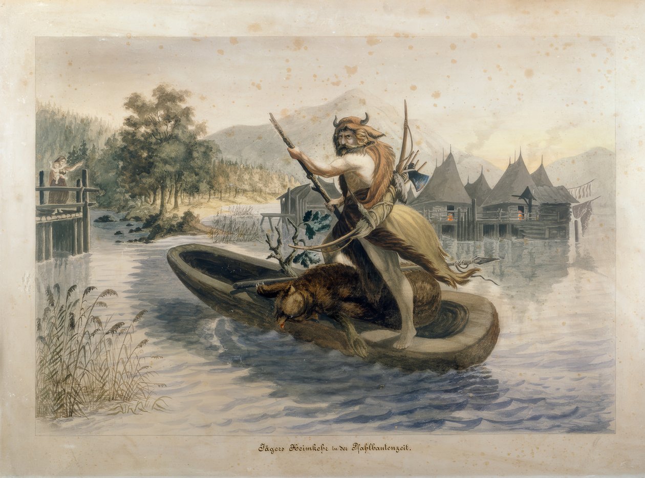  Powrót myśliwych w okresie osadnictwa palowego (Heimkehr der Jäger in der Pfahlbauzeit) autorstwa Johann Gottlieb Hegi