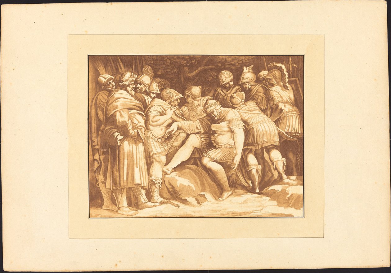 Umierający Epaminondas autorstwa Johann Gottlieb Prestel after Polidoro da Caravaggio