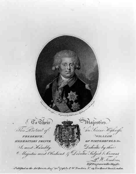 Portret Fryderyka Wilhelma III (1770-1840), dziedzicznego księcia Wirtemburga, sztychowany przez Peltro Williama Tomkinsa (ok. 1759-1840), wydany przez P.W.Tomkinsa, 20 sierpnia 1796 autorstwa Johann Gottlieb after Schweppe