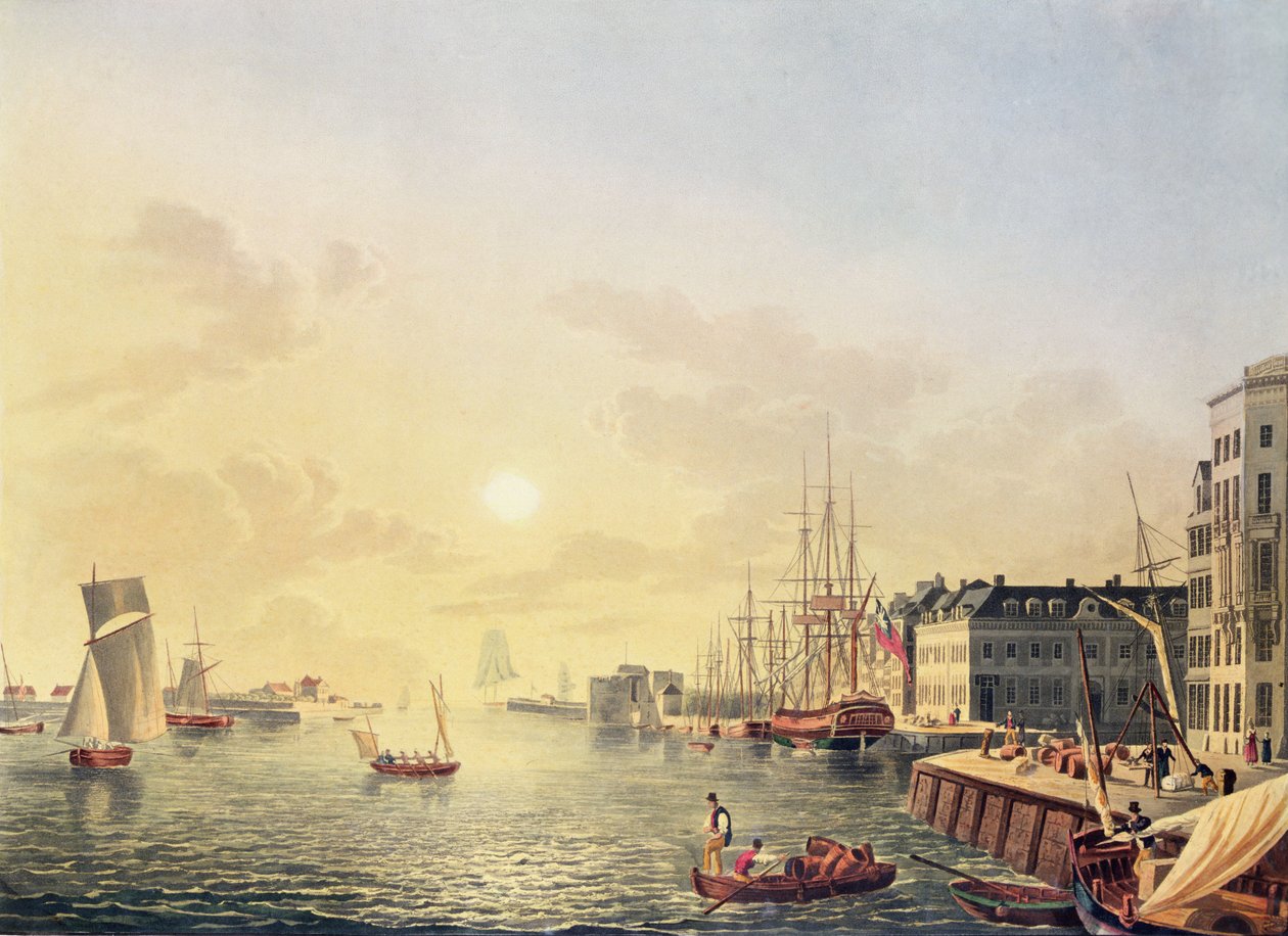 Widok na port i port w Le Havre, początek XIX wieku (kolorowe grawerowanie) autorstwa Johann Heinrich (after) Luttringshausen