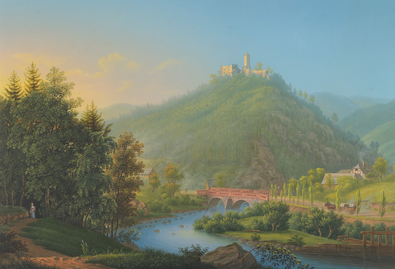 Widok na Kynsburg nad doliną rzeki Weistritz na Śląsku, koniec XVIII-XIX wieku. autorstwa Johann Heinrich Bleuler