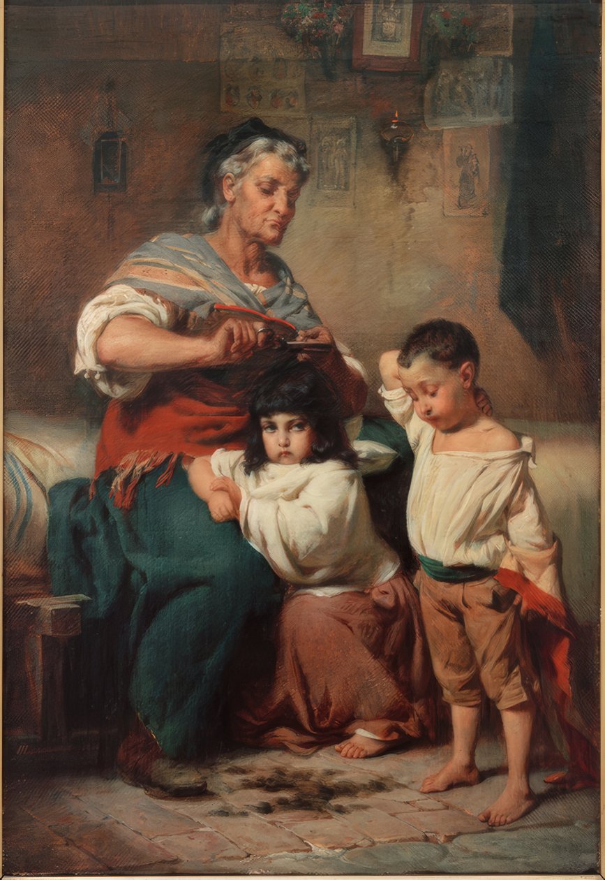Babcia obcinająca włosy wnukom autorstwa Johann Heinrich Hasselhorst