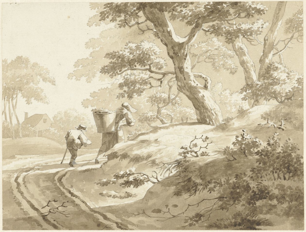 Krajobraz z kobietą i chłopcem na wiejskiej drodze autorstwa Johann Heinrich Keller (II) (possibly)