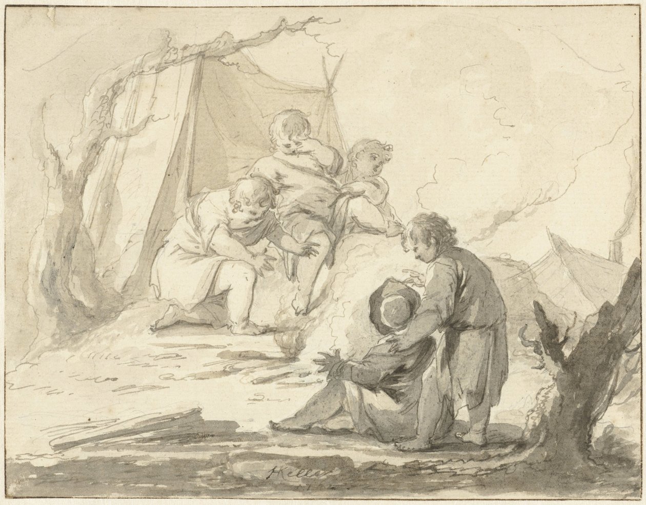 Alegoryczne przedstawienie z dziećmi przy ognisku autorstwa Johann Heinrich Keller (II)