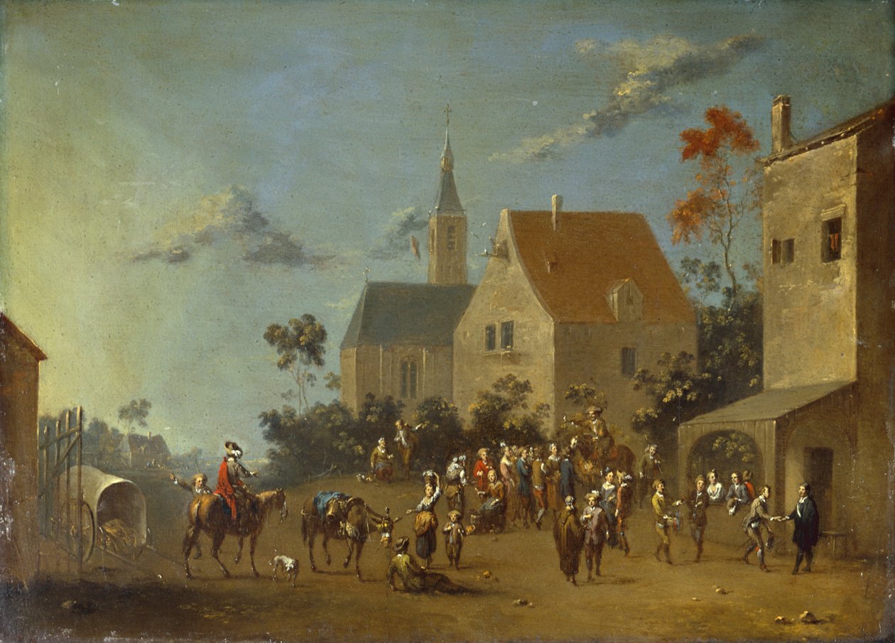 Chłopi gromadzący się na wsi (olej na metalu) autorstwa Johann Heinrich Keller