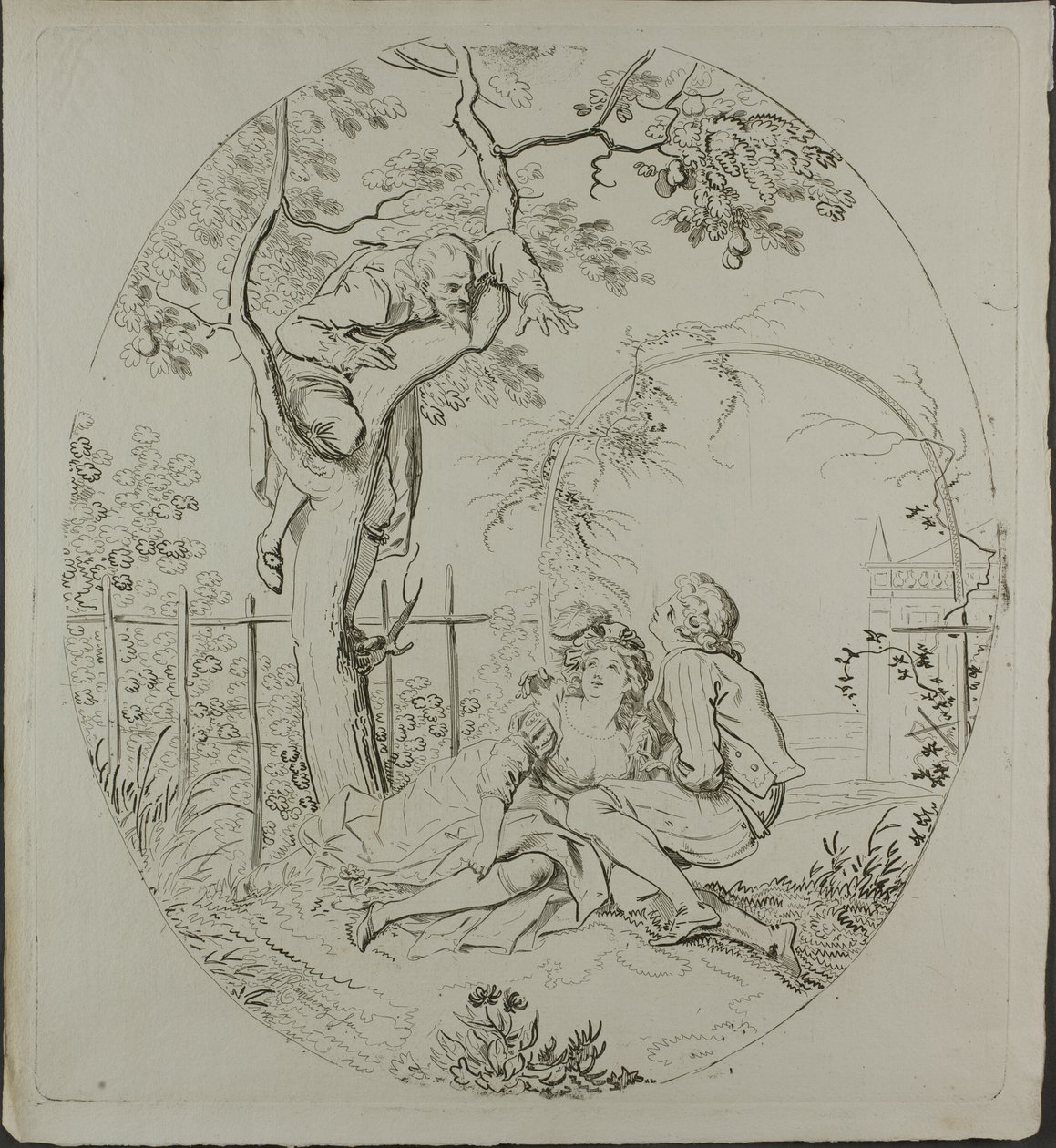 Brodaty mężczyzna szpiegujący kochanków pod altaną autorstwa Johann Heinrich Ramberg