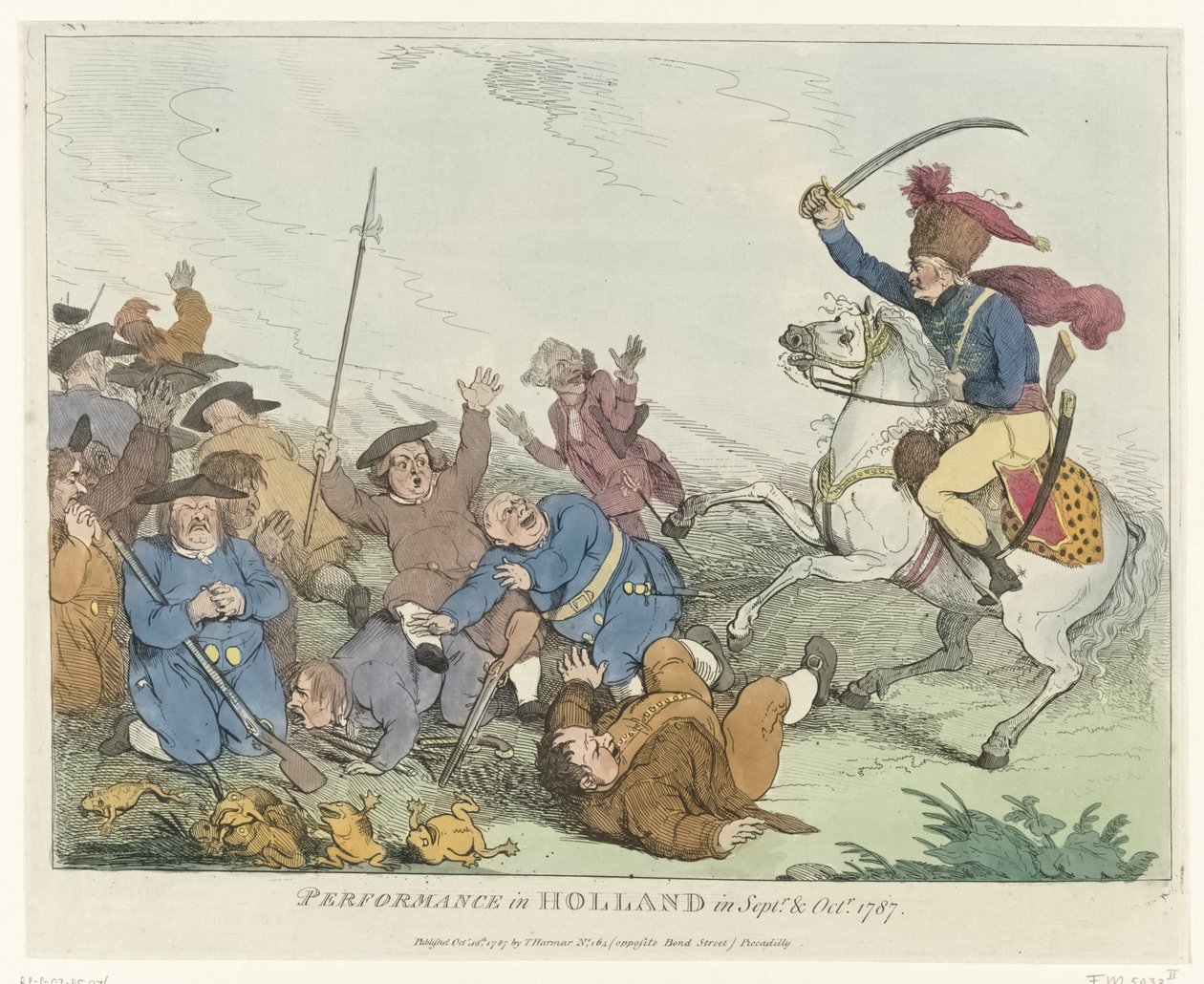 Pokaz Spektakl w Holandii we wrześniu i październiku 1787 (tytuł na obiekcie) Cztery angielskie karykatury o Patriotach w 1787 roku (tytuł serii) autorstwa Johann Heinrich Ramberg