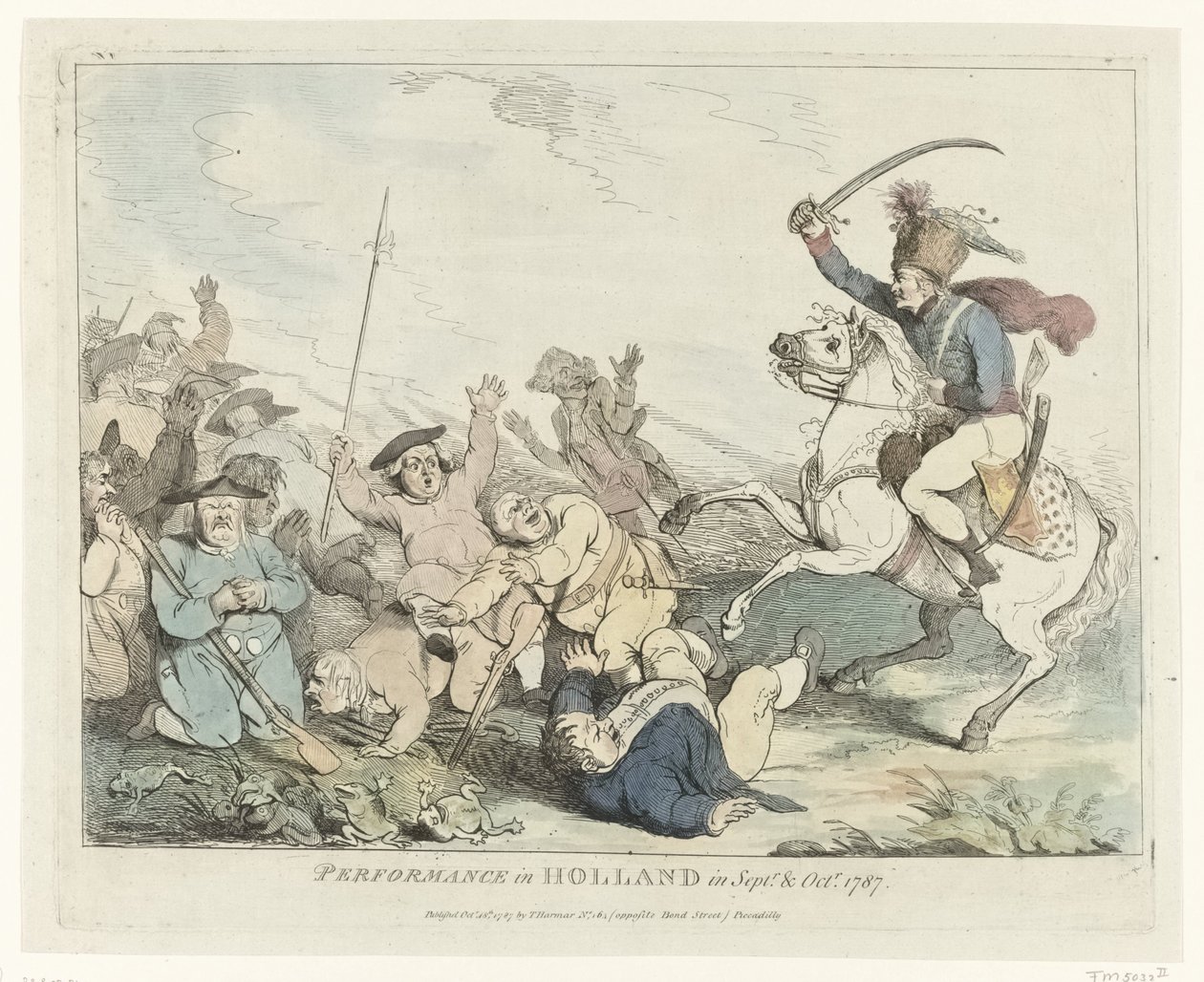 Pokaz Spektakl w Holandii we wrześniu i październiku 1787 (tytuł na obiekcie) Cztery angielskie karykatury o Patriotach w 1787 roku (tytuł serii) autorstwa Johann Heinrich Ramberg