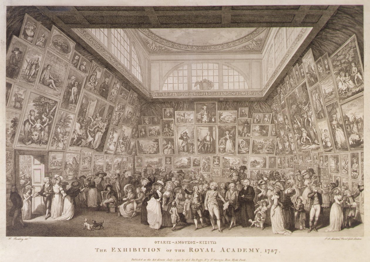 Widok wnętrza Somerset House z wystawą Królewskiej Akademii Sztuk w 1787 r. autorstwa Johann Heinrich Ramberg