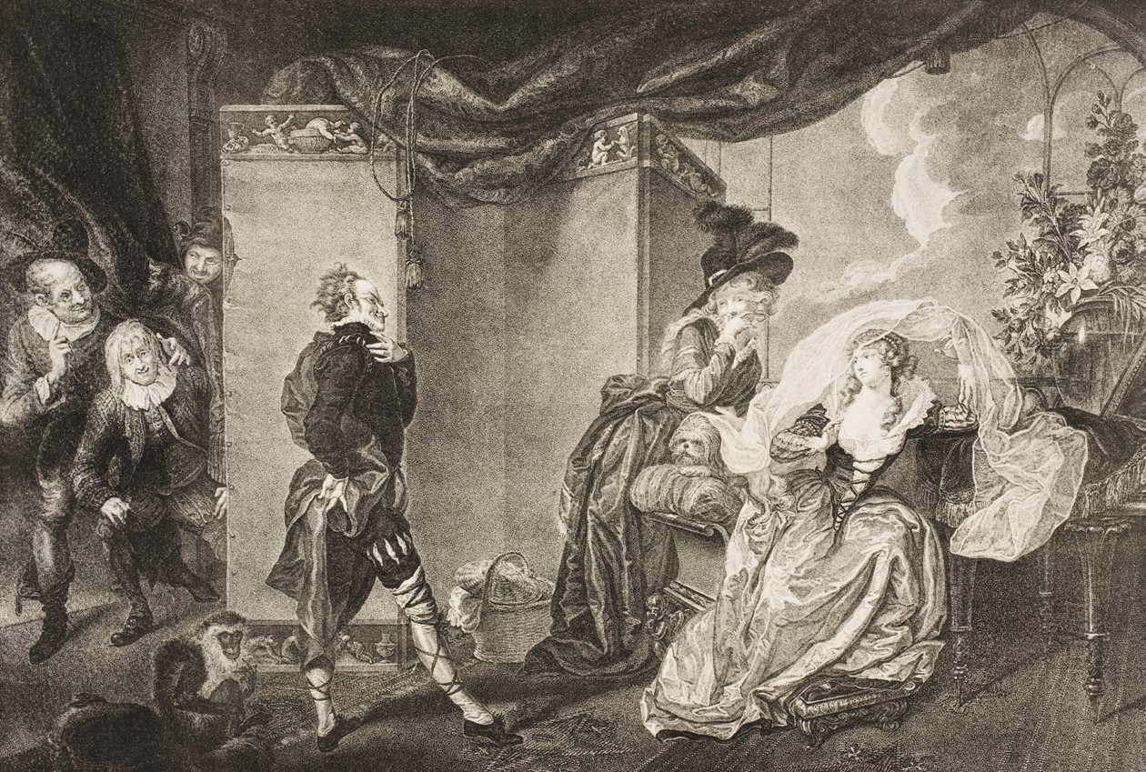 Ogród Olivii, akt III, scena IV, z „Dwunasta noc, albo co chcesz”, z The Boydell Shakespeare Gallery, wydana pod koniec XIX wieku autorstwa Johann Heinrich Ramberg