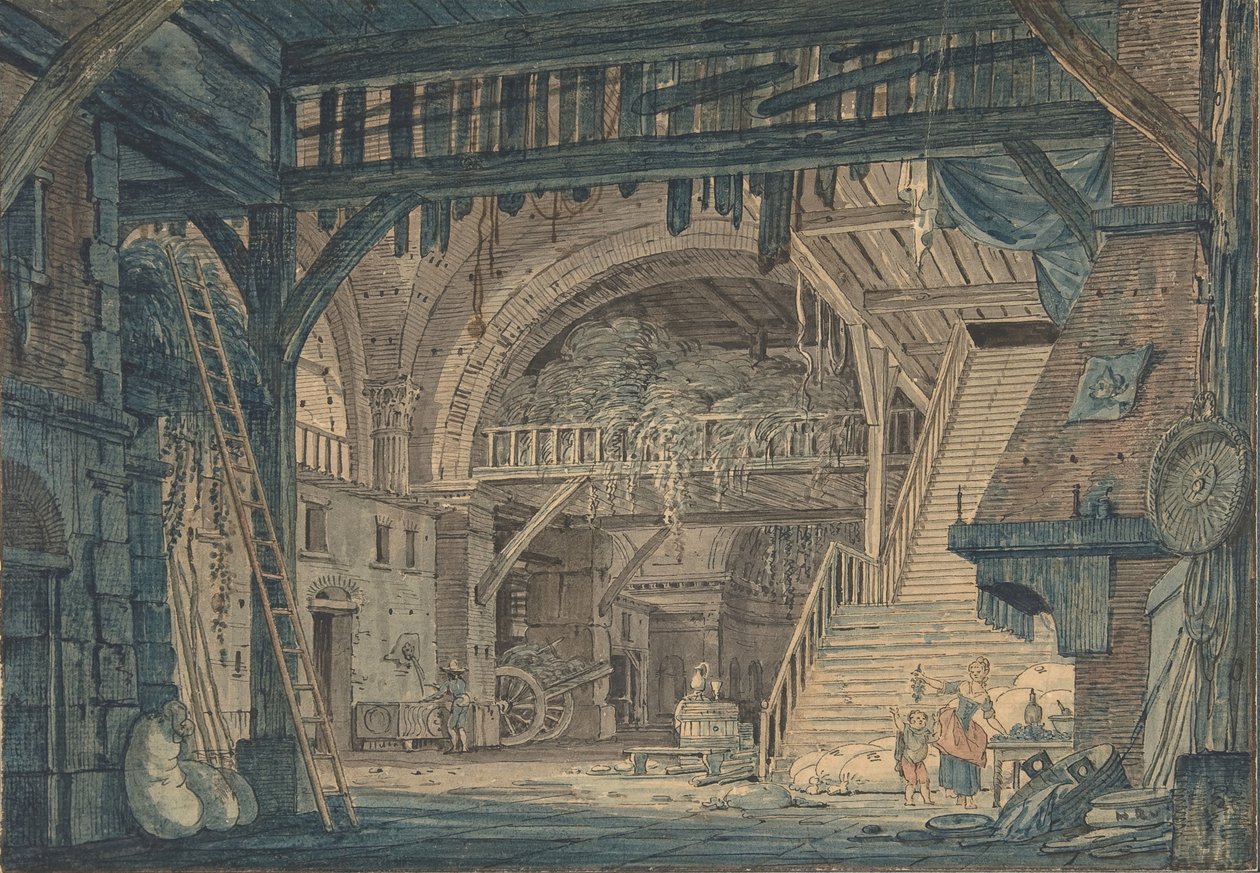 Scenografia starożytnej rzymskiej ruiny przekształconej w stodołę, koniec XVIII-połowa XIX wieku. autorstwa Johann Heinrich Ramberg
