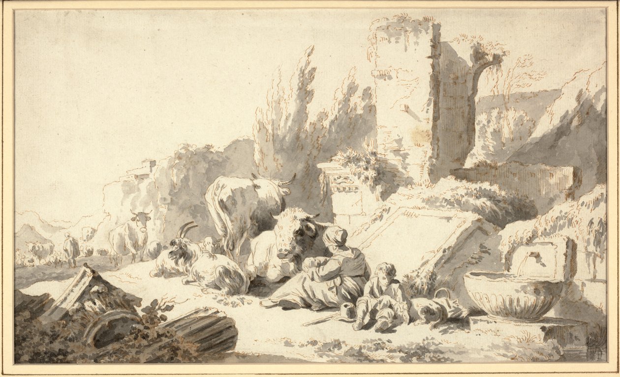 Poganiacz z rodziną i bydłem obok klasycznych ruin autorstwa Johann Heinrich Roos
