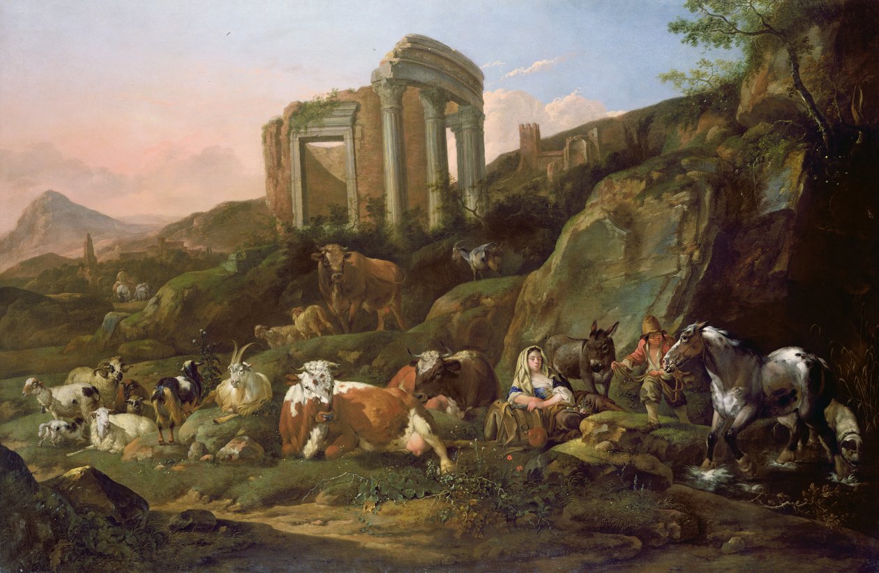 Zwierzęta gospodarskie w klasycznym krajobrazie, 1684 autorstwa Johann Heinrich Roos