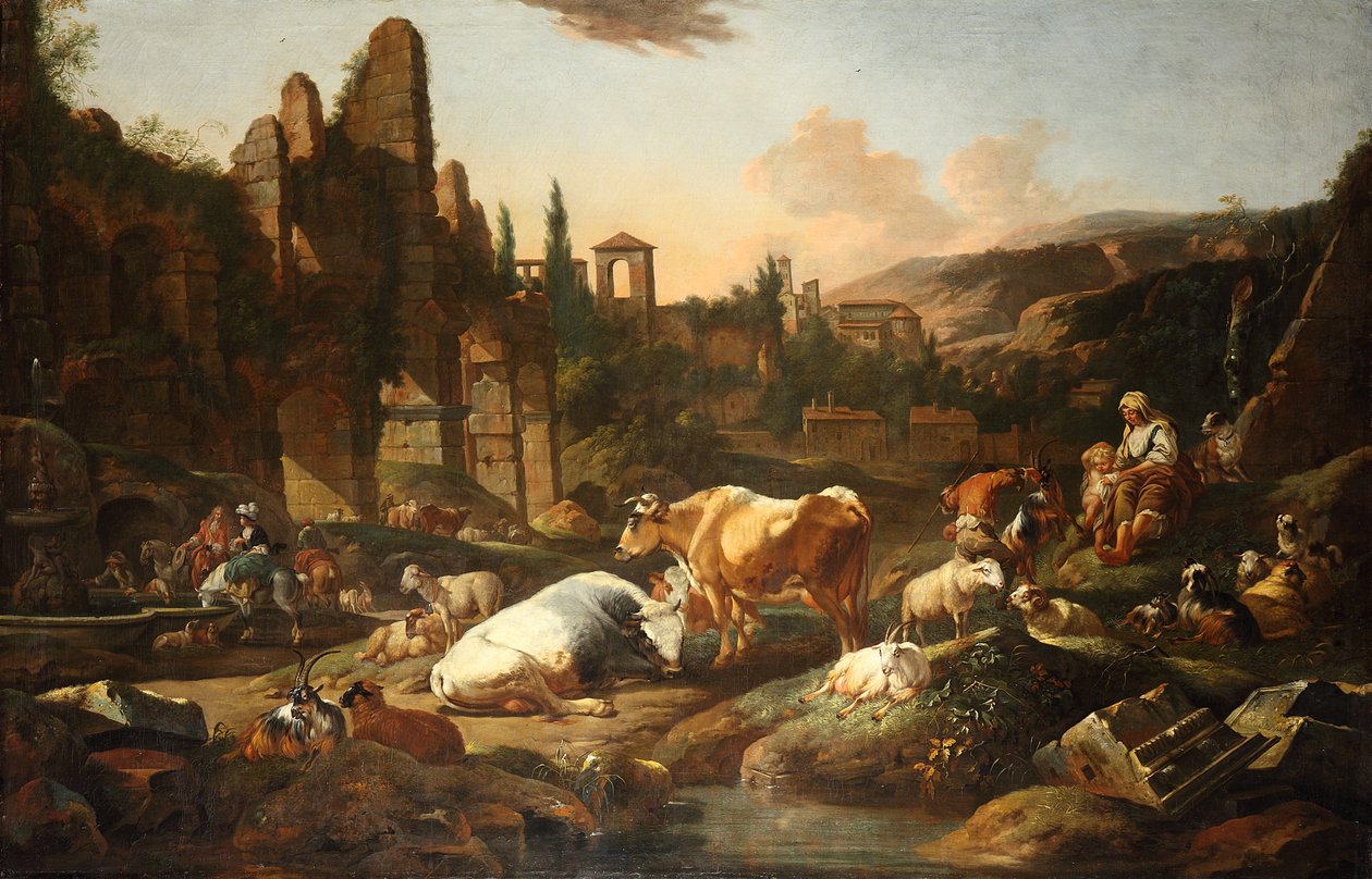 Włoski krajobraz z bydłem autorstwa Johann Heinrich Roos