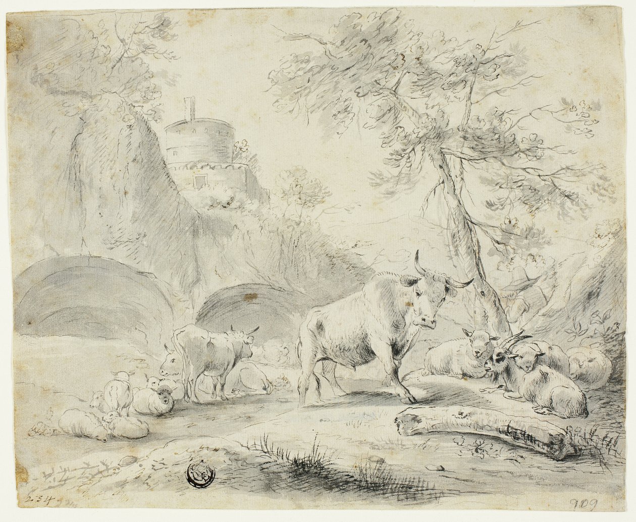 Krajobraz z pasterzem i owcami, kozą, bydłem autorstwa Johann Heinrich Roos