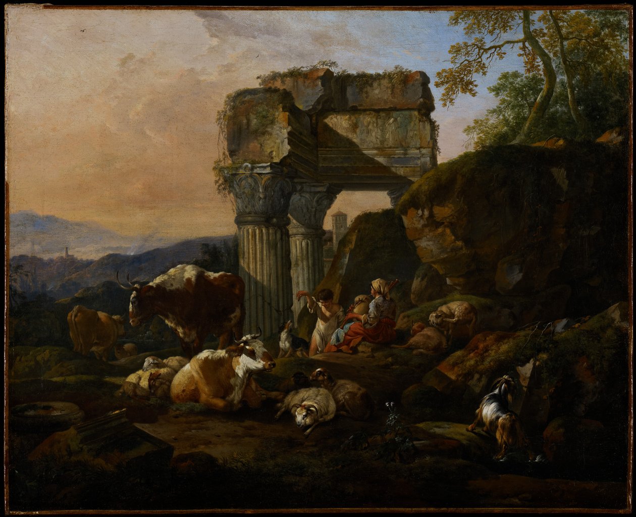 Pejzaż rzymski z bydłem i pasterzami, 1676 autorstwa Johann Heinrich Roos