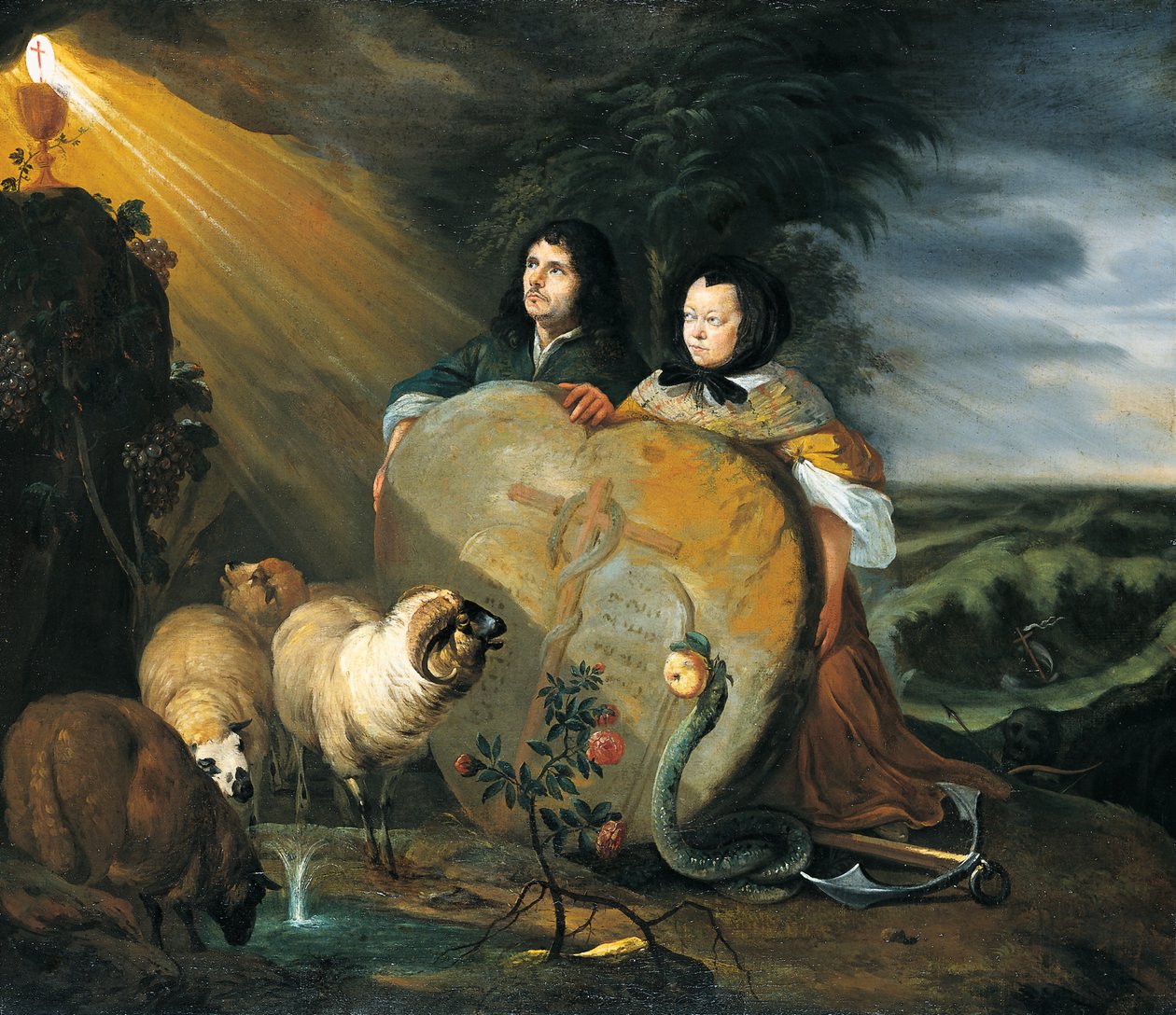 Autoportret (?) z żoną i symbolami wiary chrześcijańskiej autorstwa Johann Heinrich Roos