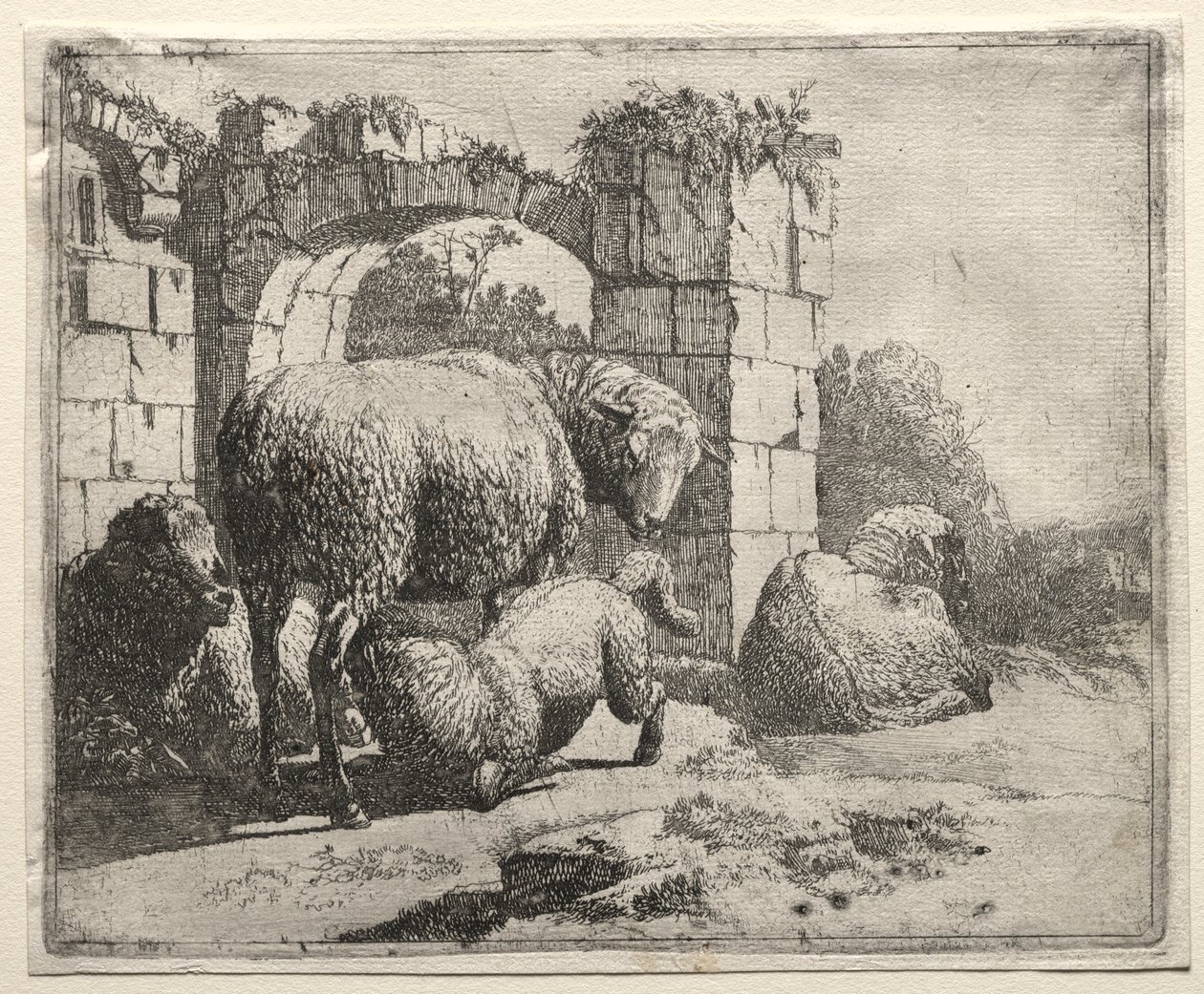 Owce w pobliżu ruin łuku autorstwa Johann Heinrich Roos