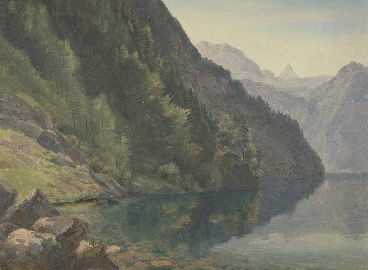 Zalesiony brzeg przy King Lake Königsee, pierwsza połowa XIX wieku. autorstwa Johann Heinrich Schilbach