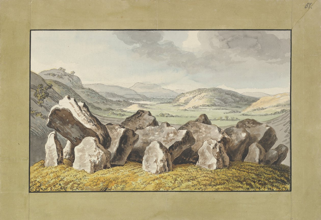 Prehistoryczny kamienny krąg na kopcu, rozległy krajobraz za nim, połowa XVIII – początek XIX w. autorstwa Johann Heinrich Wilhelm Tischbein