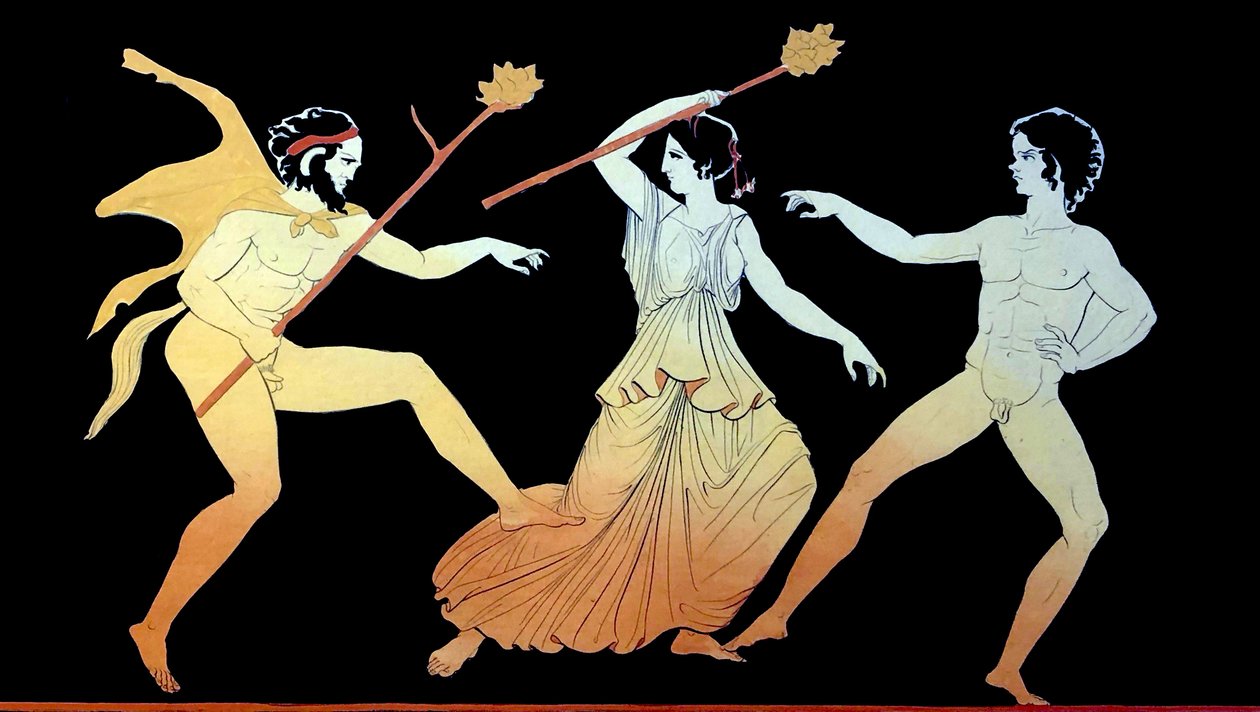 Satyr , menada i męski wyznawca tańca Dionizosa w szale ok. 1796 r. (Grawerowanie z blachy miedzianej) autorstwa Johann Heinrich Wilhelm Tischbein
