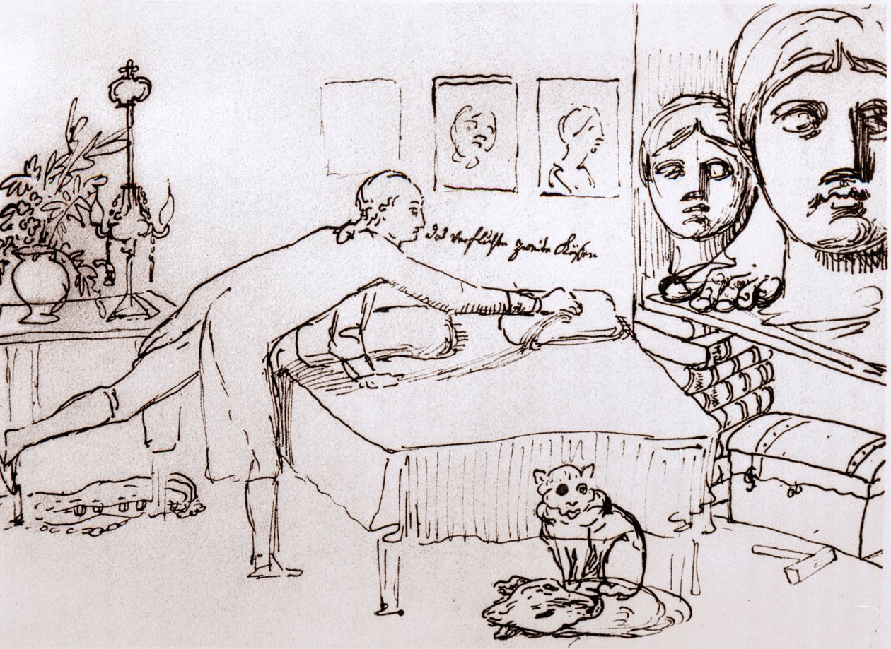 Johann Wolfgang Von Goethe w swoim domu przy Via del Corso w Rzymie. Rysunek Johanna Heinricha Wilhelma Tischbeina (1751-1829) (zwany także Goethe-Tischbein lub Goethe Tischbein). sd. XVIII wiek. autorstwa Johann Heinrich Wilhelm Tischbein