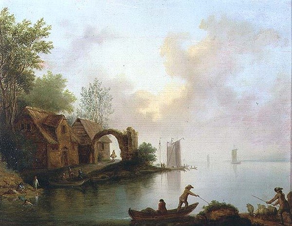 Zalesiony krajobraz rzeki z żeglarzami autorstwa Johann Heinrich Wust