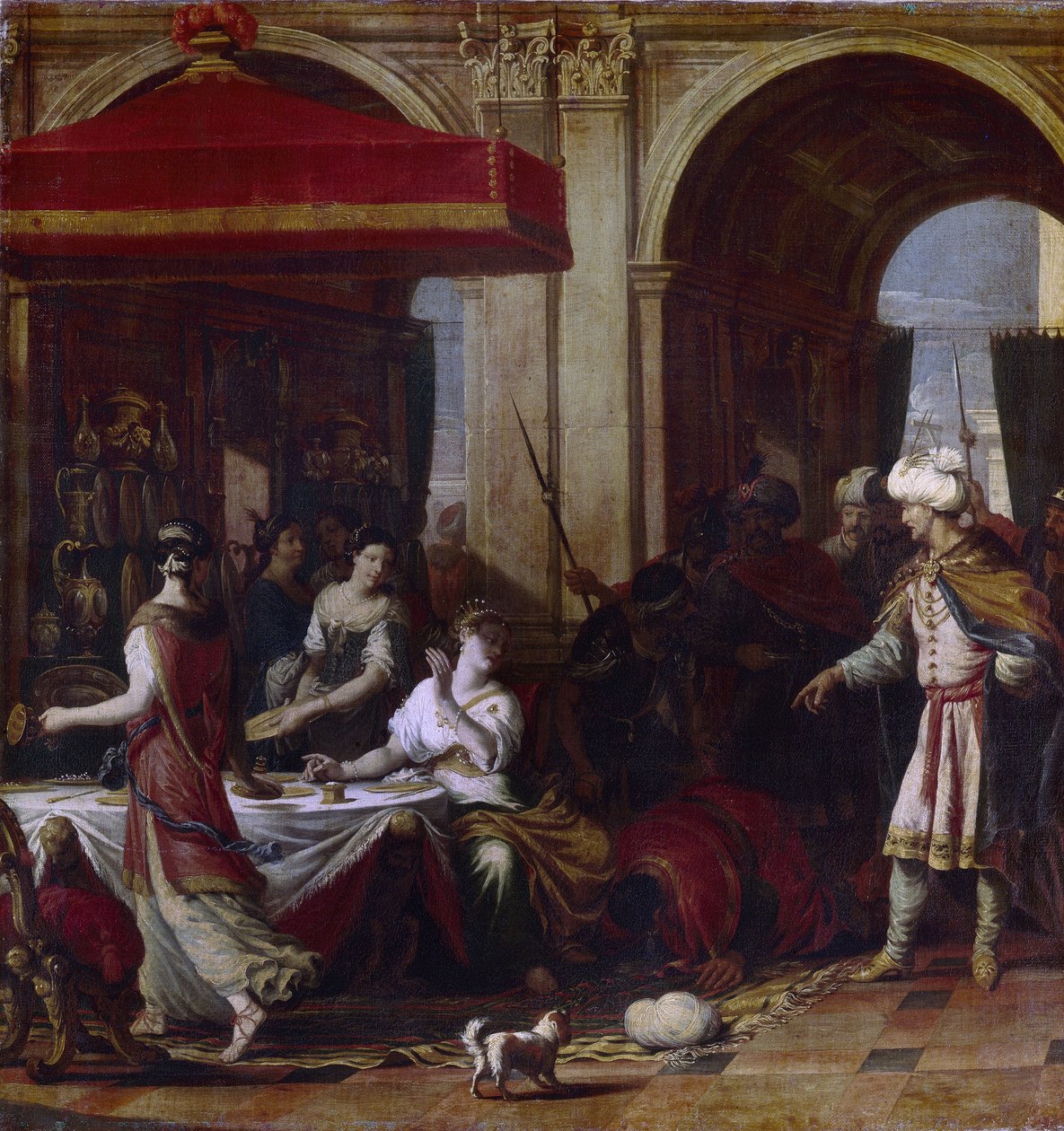 Bankiet Estery (Uczta Estery). Estera (Hadassah bat Avihail) żona króla Persji Aswerusa (Kserkses I, 519-465 p.n.e.), po dekrecie eksterminacji Żydów królestwa przez wezyra Hamana, zaprosiła obu mężczyzn na ucztę, na której autorstwa Johann Heiss