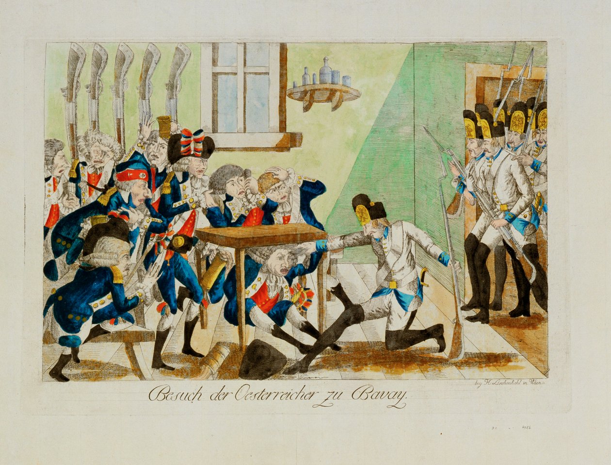 Austriaccy żołnierze zaskakują francuski oddział w jego kwaterze w Bavai ... (rycina) autorstwa Johann Hieronymus Loeschenkohl