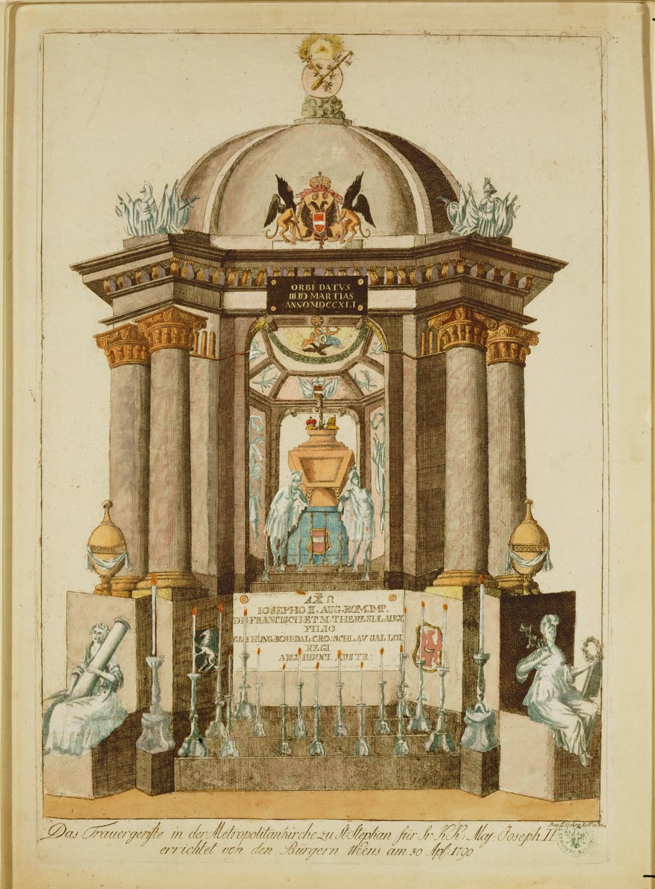 Pomnik żałobny (Castrum Doloris) wzniesiony przez mieszkańców Wiednia z okazji mszy żałobnej za cesarza (rycina) autorstwa Johann Hieronymus Loeschenkohl