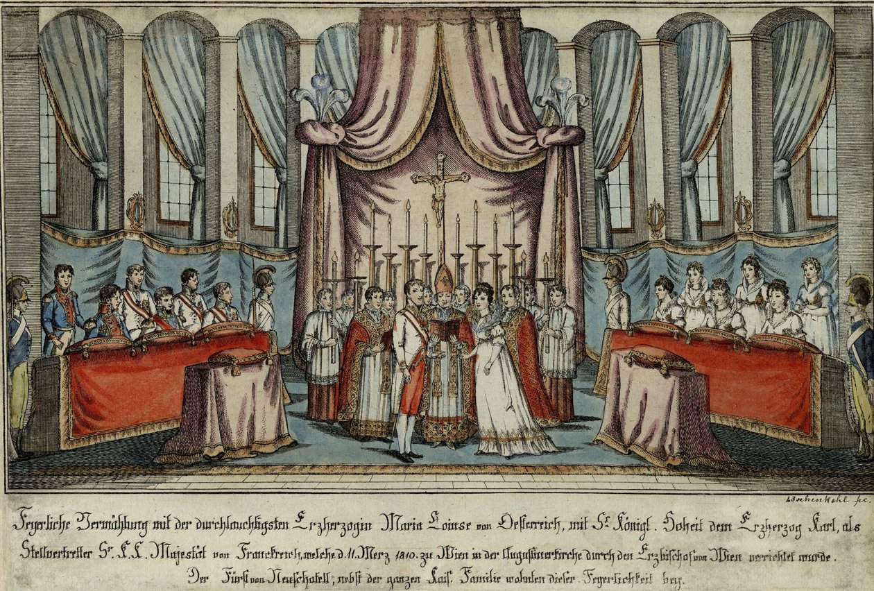 Marie-Louise poślubiła Napoleona przez pełnomocnika w Wiedniu, a arcyksiążę Karol zastąpił Napoleona, 18 autorstwa Johann Hieronymus Loeschenkohl