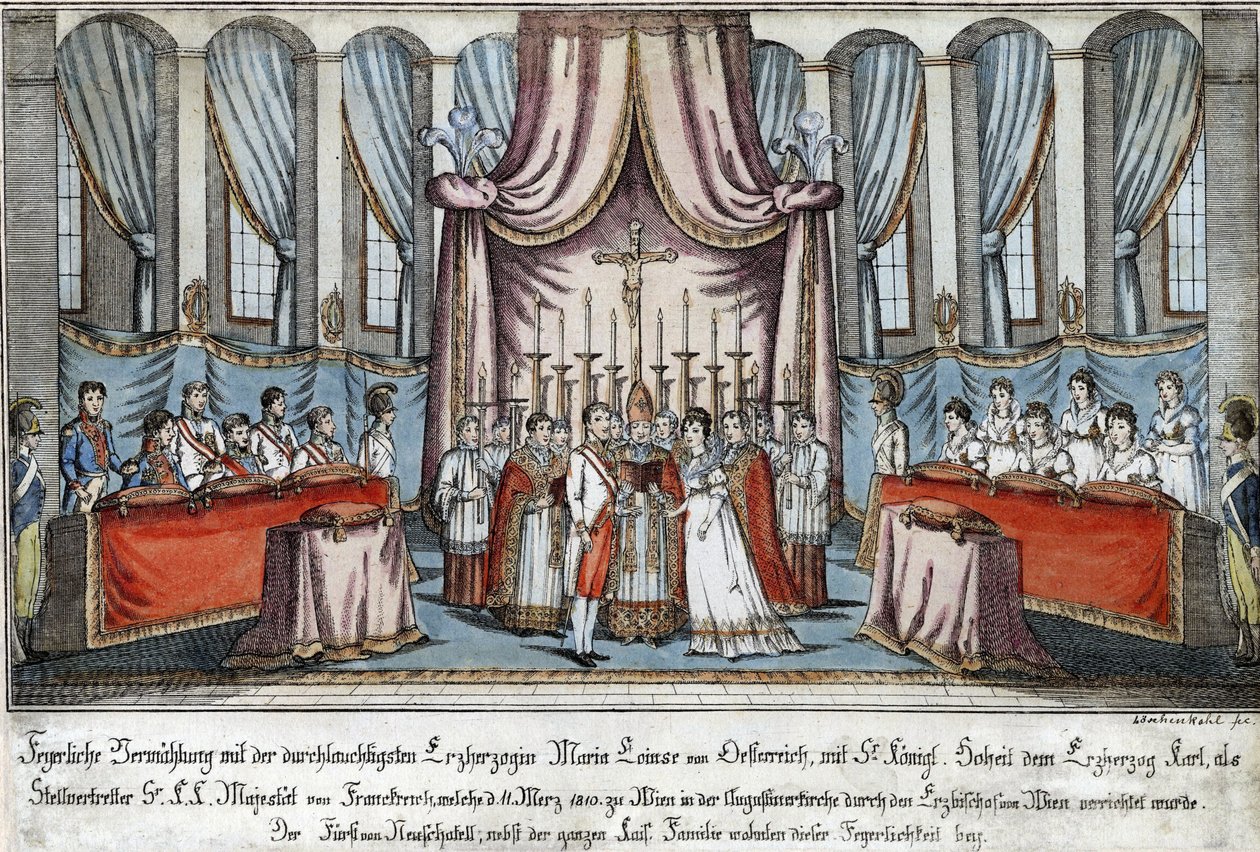 Marie-Louise poślubiła Napoleona przez pełnomocnika w Wiedniu, z arcyksięciem Karolem za Napoleona - Loeschenkohl, Johann Hieronymus (1753-1807) - 1810 - Akwaforta, akwarela - 33,4x44,5 - Kolekcja prywatna autorstwa Johann Hieronymus Loeschenkohl