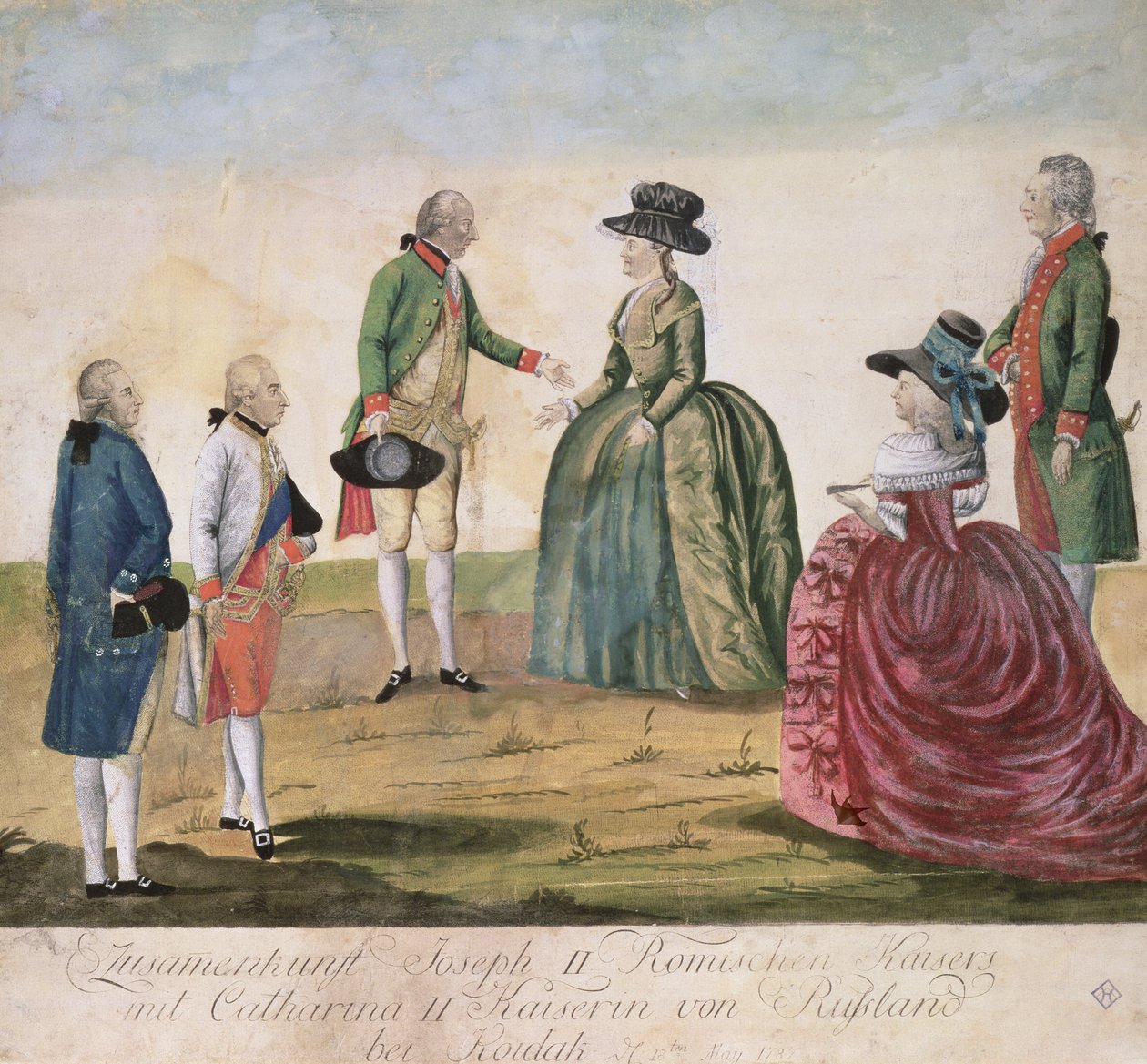 Spotkanie Józefa II (1741-90) z cesarzową Katarzyną Wielką (1729-96) w Koidaku, 18 maja 1787 (kolorowy miedzioryt) autorstwa Johann Hieronymus Loeschenkohl