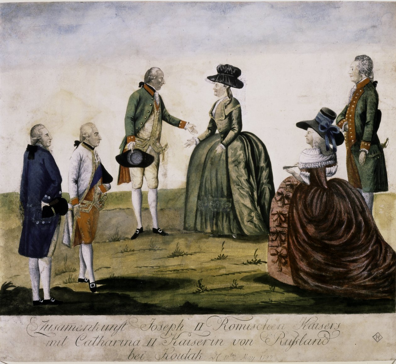 Spotkanie Katarzyny II i Józefa II nad Dnieprem w dniu ... (kolorowa rycina) autorstwa Johann Hieronymus Loeschenkohl