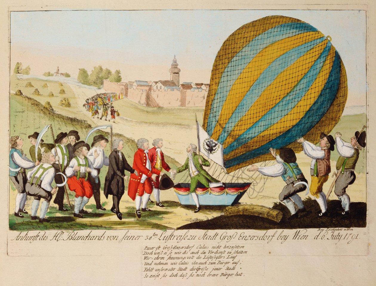 Powrót M. Blancharda z 38. podróży lotniczej ... (rycina) autorstwa Johann Hieronymus Loeschenkohl