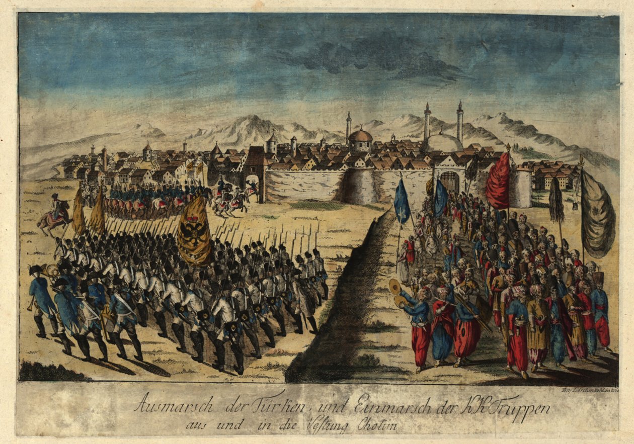 Kapitulacja twierdzy Chocim 29 września 1788, 1788 r. autorstwa Johann Hieronymus Loeschenkohl