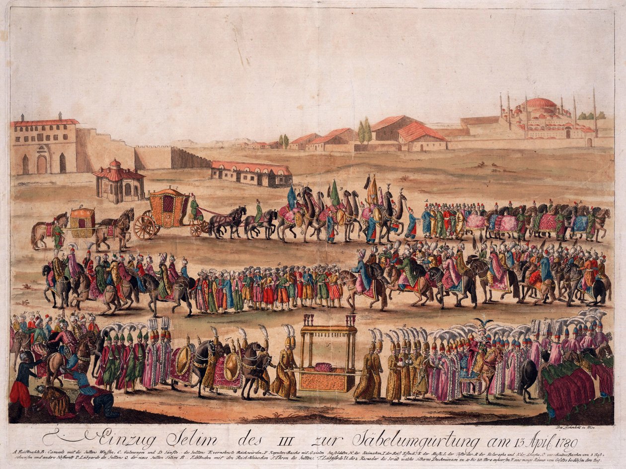 Wejście sułtana Selima III (1761-1808) do Opasania szabli 13 kwietnia 1789 - Loeschenkohl, Johann Hieronymus (1753-1807) - 1789 - Akwaforta, akwarela - 38,6x50,2 - Zbiory prywatne autorstwa Johann Hieronymus Loeschenkohl