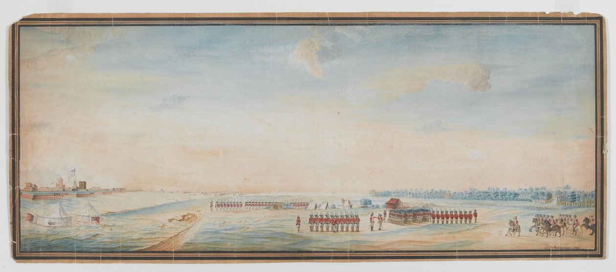 Brytyjska piechota, rodzima piechota i rodzima kawaleria wiercą poza Fort St George, Madras autorstwa Johann Jacob Ludewig Rothmeyer