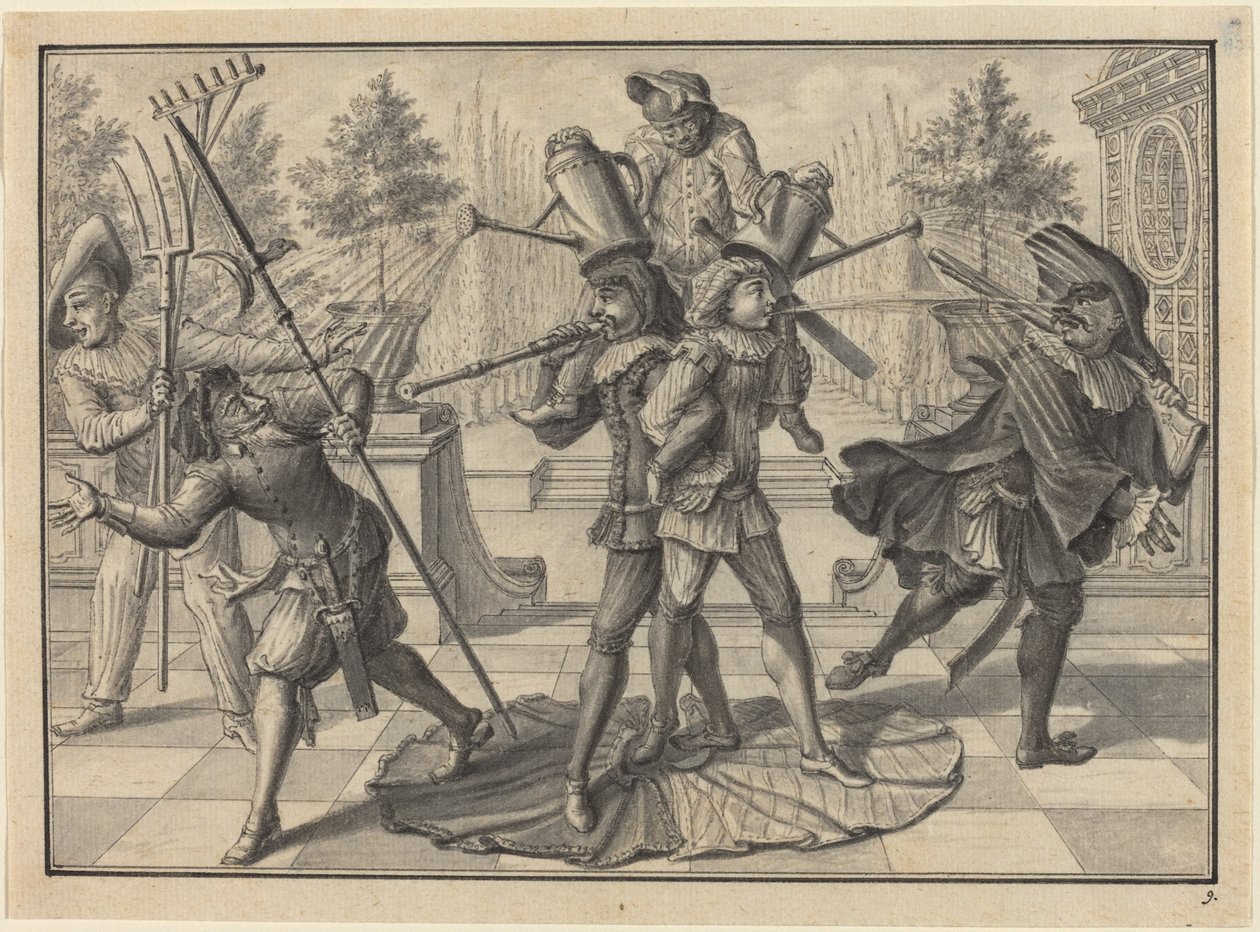 Arlekin i Scaramouche tworzą „fontannę” autorstwa Johann Jacob Schubler