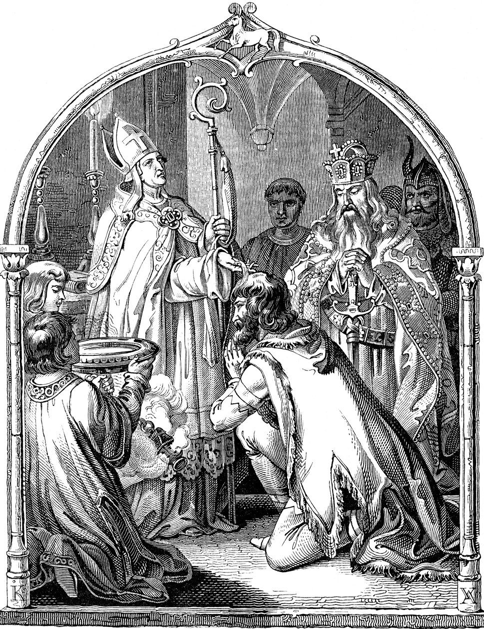 Chrzest wodza saskiego Widukinda Ilustracja z historii narodu niemieckiego autorstwa E. Dullera, 1840 autorstwa Johann Jakob Kirchhoff