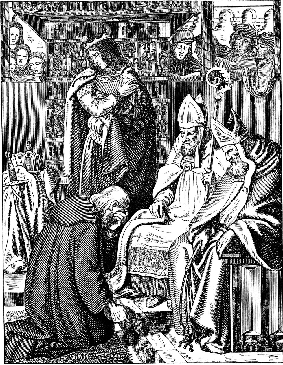 Ludwik Pobożny dokonujący pokuty w Attigny w 822 r. Ilustracja z Geschichte des deutschen Volkes autorstwa E. Dullera, 1840 autorstwa Johann Jakob Kirchhoff