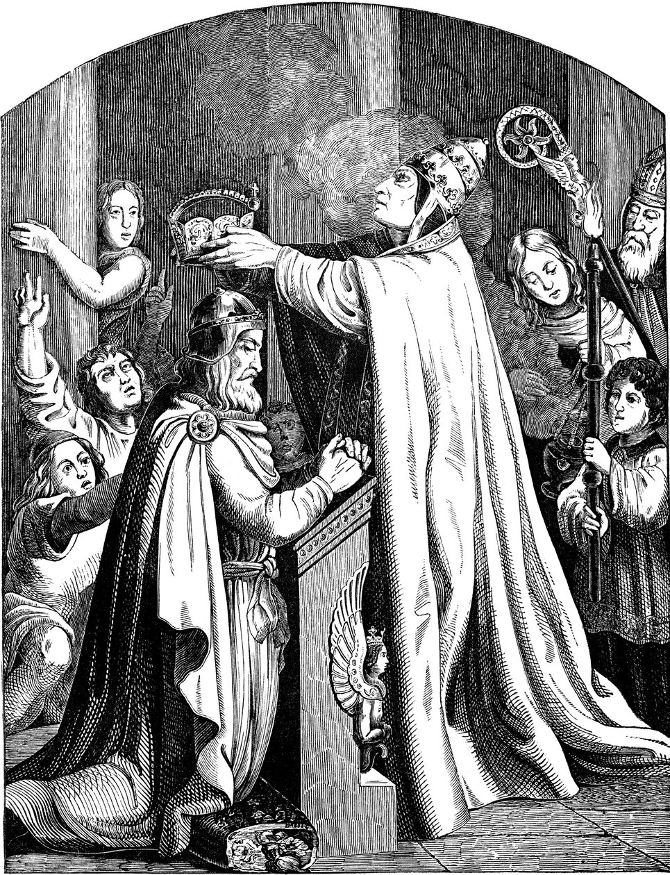 Koronacja cesarza Karola Wielkiego przez papieża Leona III Ilustracja z Historii narodu niemieckiego autorstwa E. Dullera, 1840 autorstwa Johann Jakob Kirchhoff