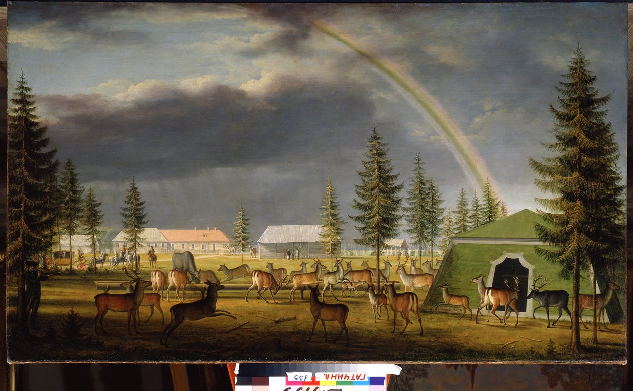 Menażeria w parku pałacowym Gatchina. Obraz Johanna Jakoba Mettenleitera (1750-1825) autorstwa Johann Jakob Mettenleiter